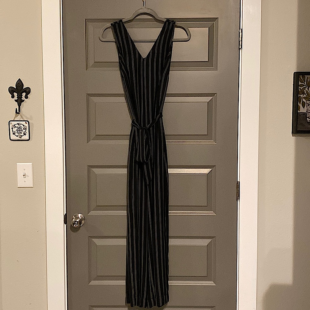Striped jumpsuit, black with gray and white thin stripes